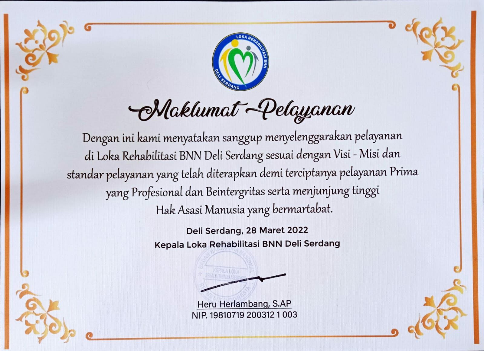 STANDAR PELAYANAN LOKA REHABILITASI BNN DELI SERDANG